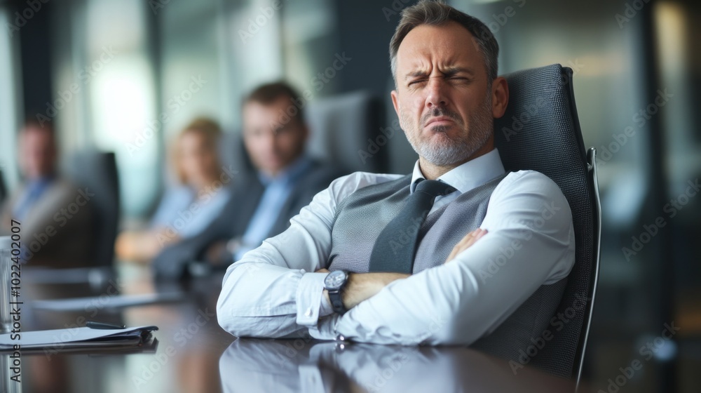 A Frustrated Businessman Sits with Arms Crossed in a Conference Room A Frustrated Businessman Sits with Arms Crossed in a Conference Room