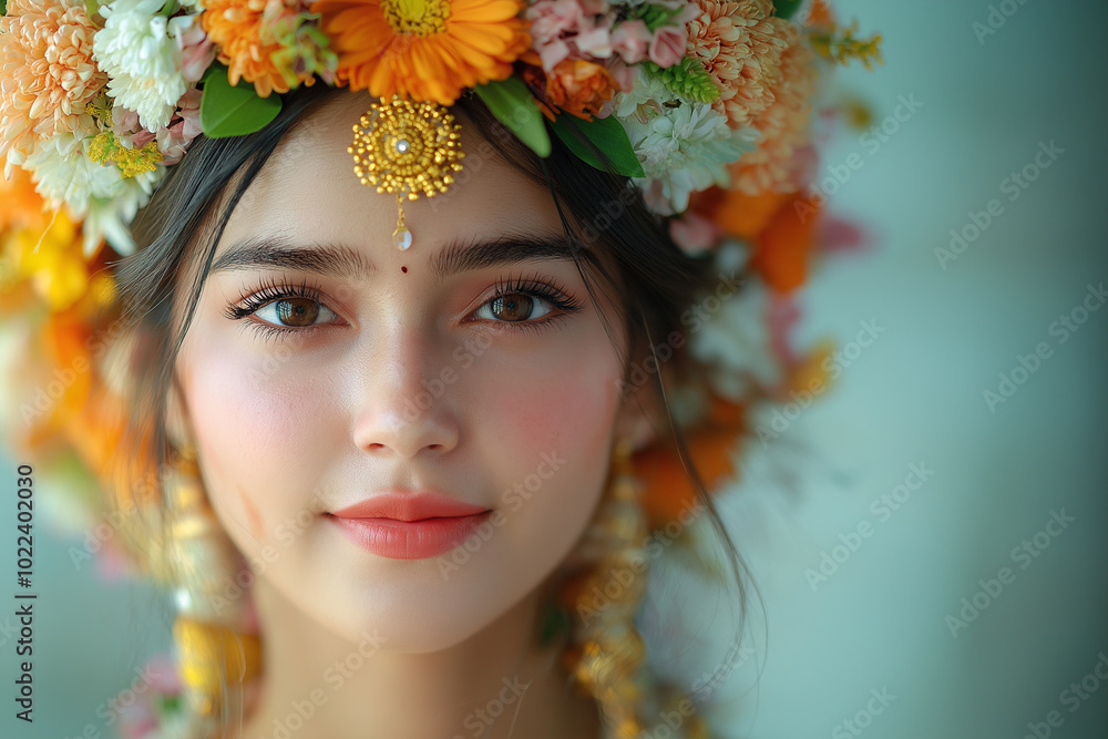 Smiling girl with a wreath of flowers enjoying nature outdoors Smiling girl with a wreath of flowers enjoying nature outdoors