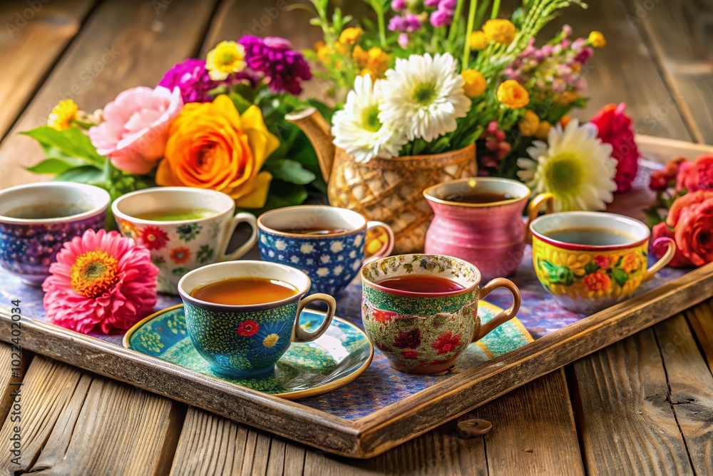 Decorative Tea Tray with Vibrant Vase and Cups for Cozy Home Aesthetic