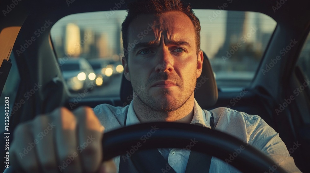 Obraz premium Close-up of a Man Driving a Car at Sunset