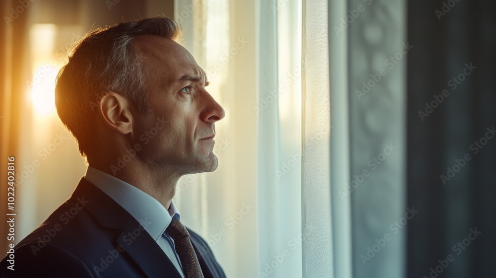 A thoughtful man in a suit looking out a window A thoughtful man in a suit looking out a window