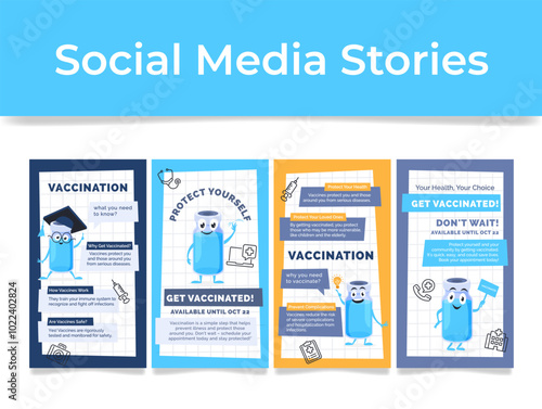 Vaccination protect yourself medical social media stories design template set isometric vector