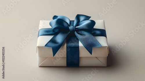 16. A minimalist image with a white background featuring a single gift box with a striped design and a blue ribbon, positioned in the center