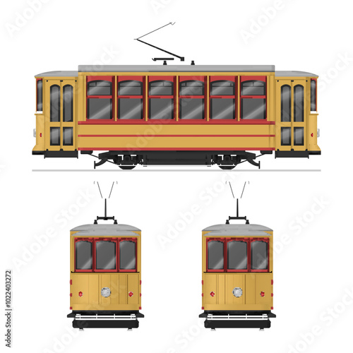 Vintage city tram public transportation urban train front side back view vector flat illustration