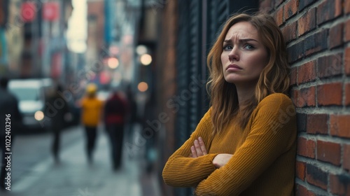 Woman Leaning Against Brick Wall with Arms Crossed, Looking Away photo