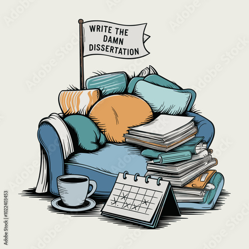Cozy "Write the Damn Dissertation" illustration featuring a pile of pillows, books, coffee cup, and a calendar, symbolizing the comforts and challenges of dissertation writing