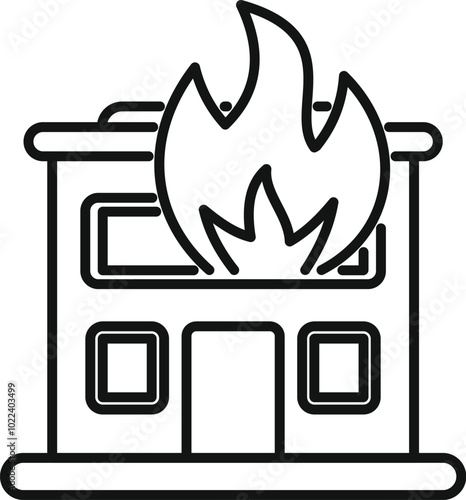 Simple black and white illustration of a building with large flames coming from the roof