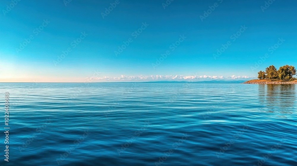 A calm blue ocean with a few trees in the background A calm blue ocean with a few trees in the background