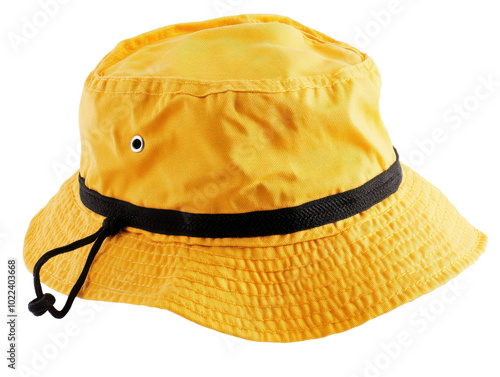 Bright yellow bucket hat on white background for fashion and retail use photo