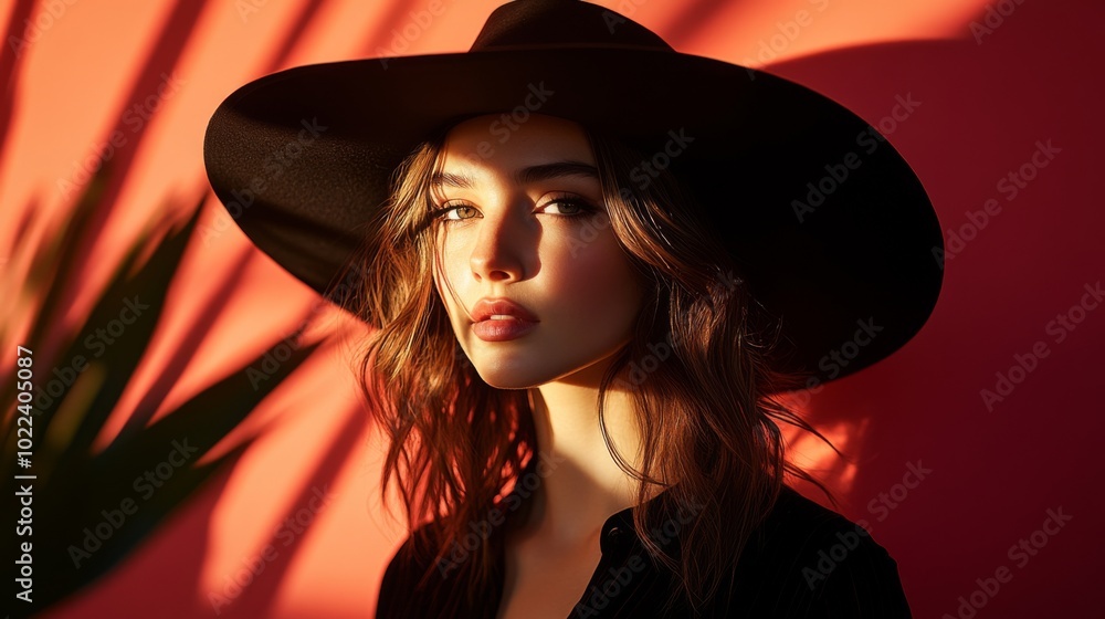 Woman in a Black Hat with Sunlight Casting Shadows on a Red Background Woman in a Black Hat with Sunlight Casting Shadows on a Red Background