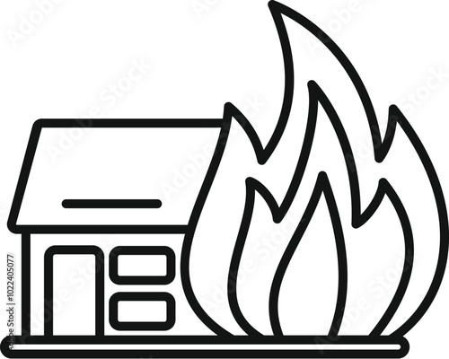 Big flames are engulfing a family house in this line icon about house fires