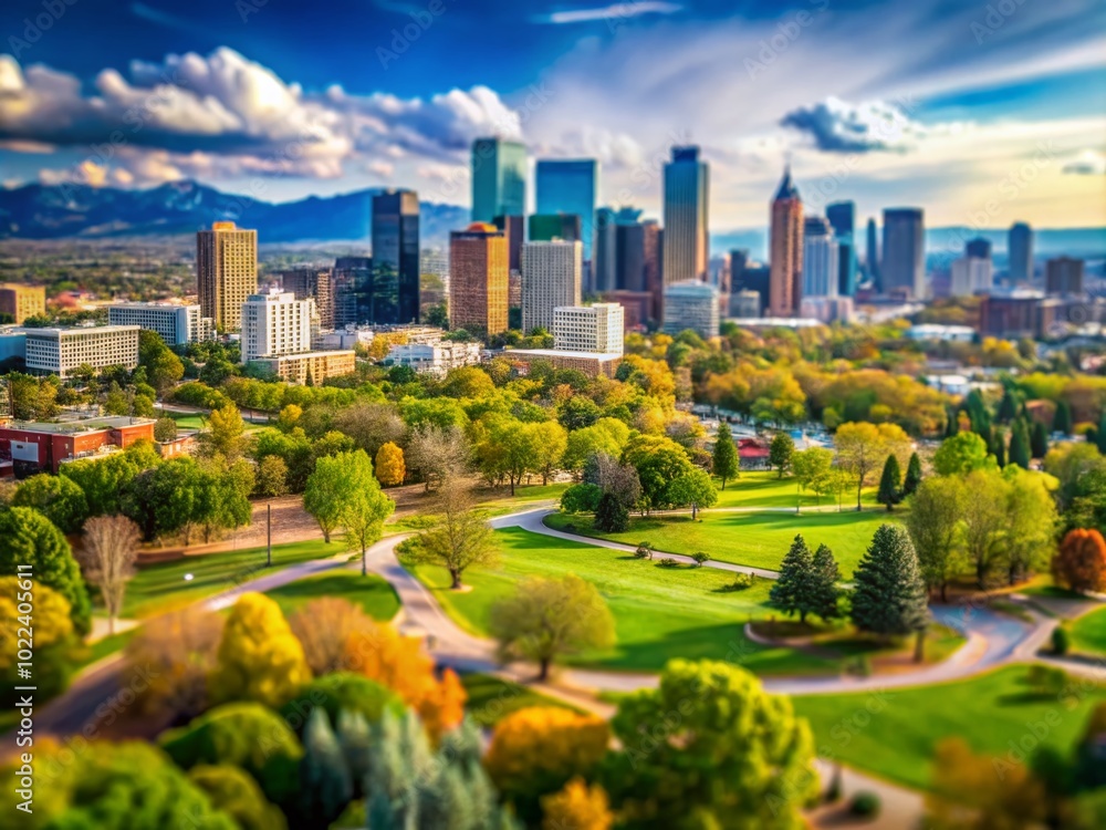 Fototapeta premium Downtown Denver Skyline with City of Cuernavaca Park in Tilt-Shift Photography Style