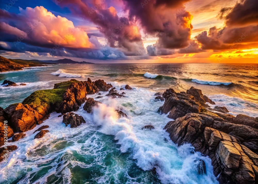 Fototapeta premium Dramatic Waves Crashing on Rocky Beach at Sunset - Stunning Drone Photography for Nature Lovers