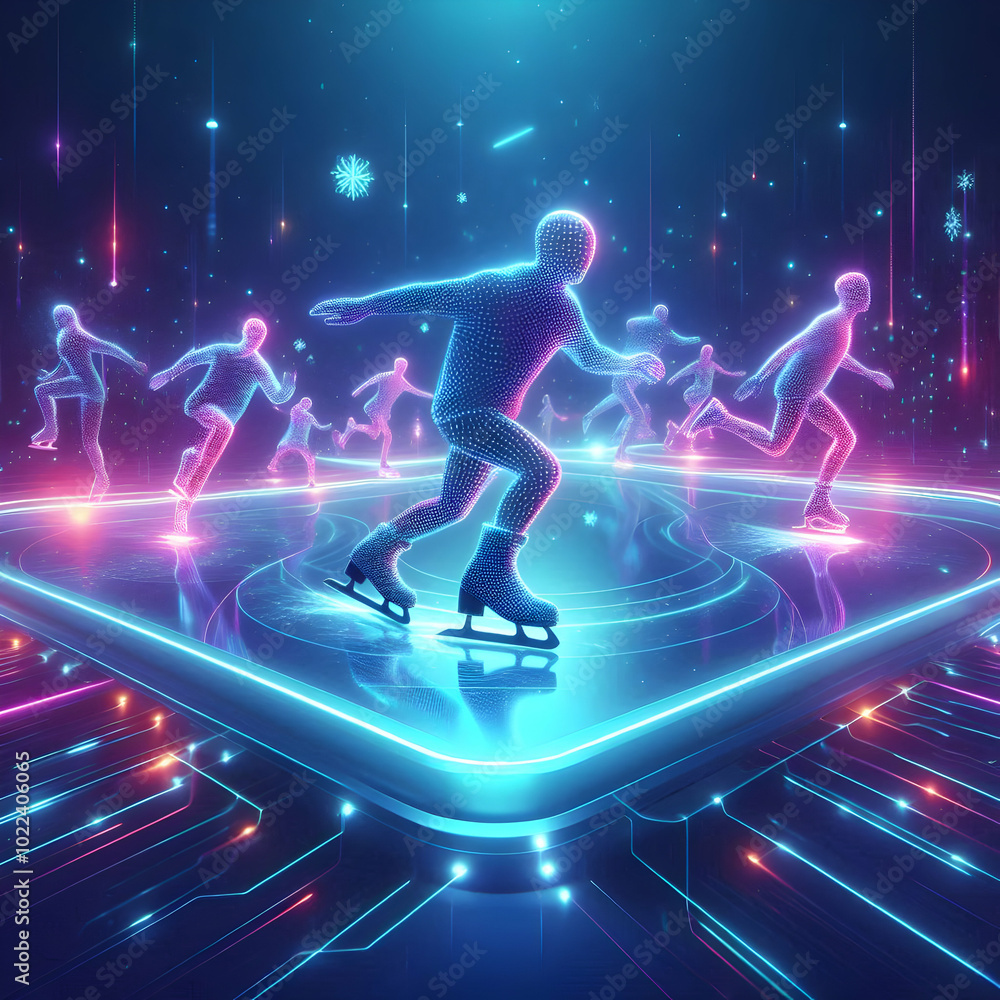 Futuristic Flat Ice Rink with Glowing Digital Skaters - A Vibrant Vector Illustration for Winter Sports Promotions Futuristic Flat Ice Rink with Glowing Digital Skaters - A Vibrant Vector Illustration for Winter Sports Promotions