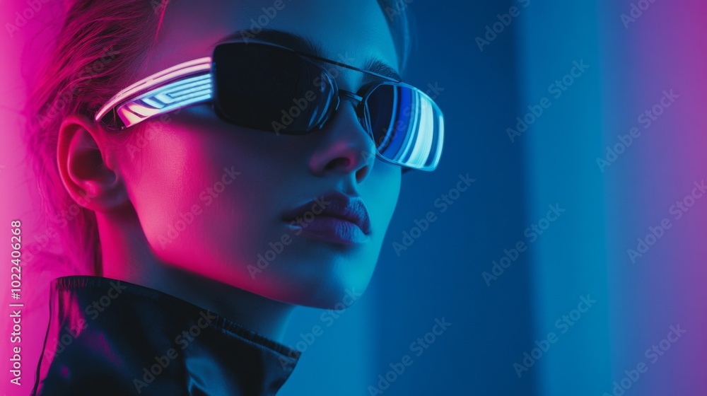 Close-up portrait of a woman with neon blue and pink lighting wearing sunglasses. Close-up portrait of a woman with neon blue and pink lighting wearing sunglasses.