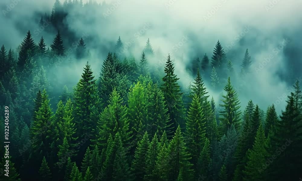 Misty forest landscape with lush greenery and fog. Misty forest landscape with lush greenery and fog.
