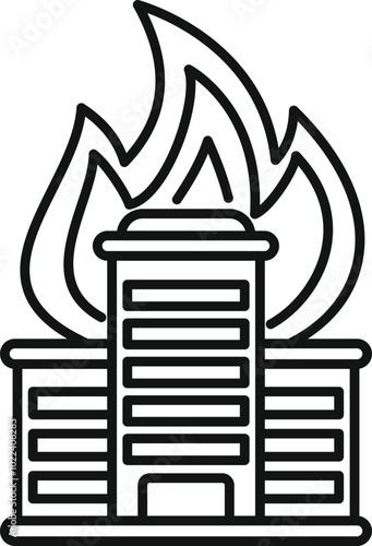 Simple line art icon of a city building being engulfed in flames