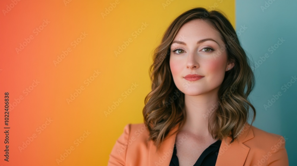 Portrait of a Woman in an Orange Blazer Against a Colorful Background Portrait of a Woman in an Orange Blazer Against a Colorful Background