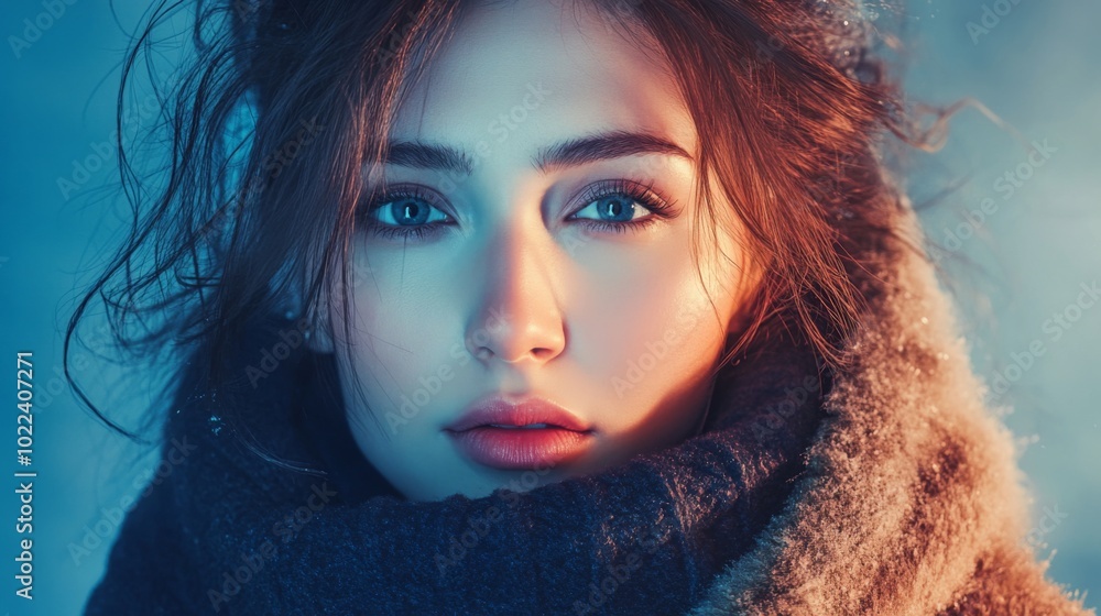 Close-up Portrait of a Woman with Blue Eyes and Long Brown Hair Wearing a Fur Collar Close-up Portrait of a Woman with Blue Eyes and Long Brown Hair Wearing a Fur Collar