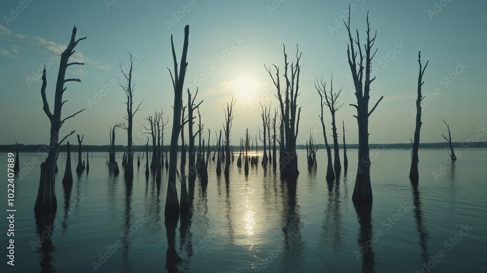 Barren trees rise from serene water at sunset, creating a haunting yet beautiful landscape reflection.