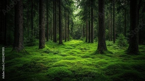 A dense forest with tall trees and a thick carpet of moss on the forest floor.