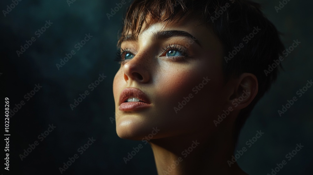 Close-up portrait of a young woman with short hair, looking up with a soft smile and blue eyes Close-up portrait of a young woman with short hair, looking up with a soft smile and blue eyes