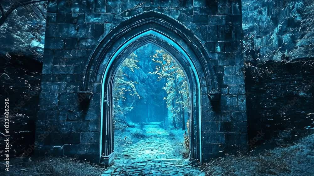 Explore the Enchanting Blue-Hued Archway Amidst Serene Greenery at Dusk in a Mystical Forest Setting Explore the Enchanting Blue-Hued Archway Amidst Serene Greenery at Dusk in a Mystical Forest Setting