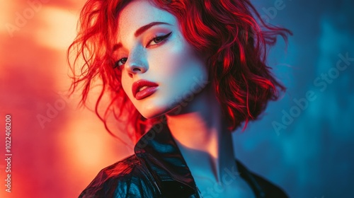 Red-haired woman in a black leather jacket with colorful lighting