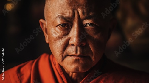 A close-up portrait of a Buddhist monk with a serious expression.