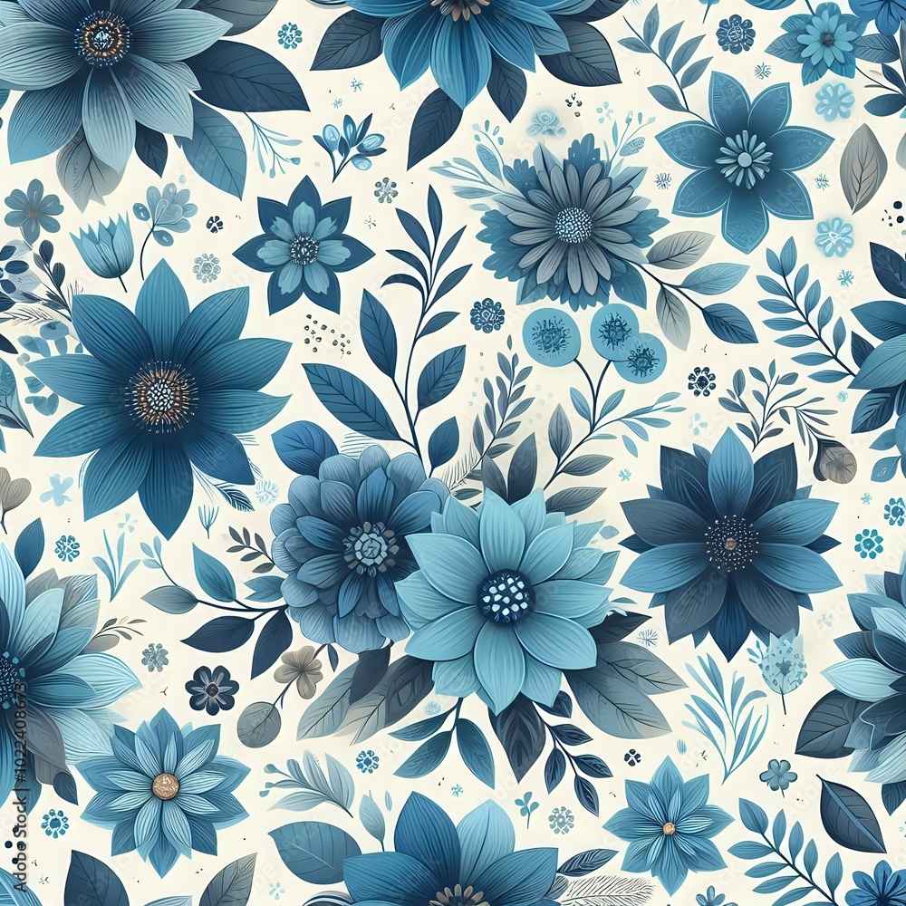 Elegant Blue Floral Pattern with Detailed Petals and Leaves Elegant Blue Floral Pattern with Detailed Petals and Leaves