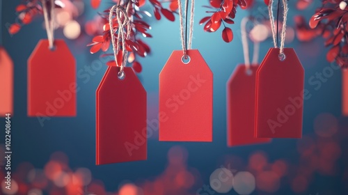 red sale tags hanging from various products for Cyber Monday. photo