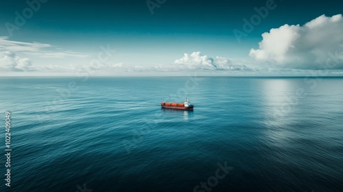 Cargo Ship Sailing on a Calm Ocean with White Clouds in the Blue Sky