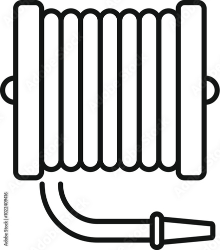 Fire hose reel icon in outline style showing water spray equipment for firefighting, fire extinguishing and emergency situations