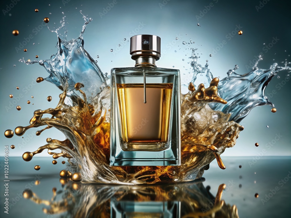 Elegant Perfume Bottle with Splash Background for Luxury Fragrance Photography Elegant Perfume Bottle with Splash Background for Luxury Fragrance Photography