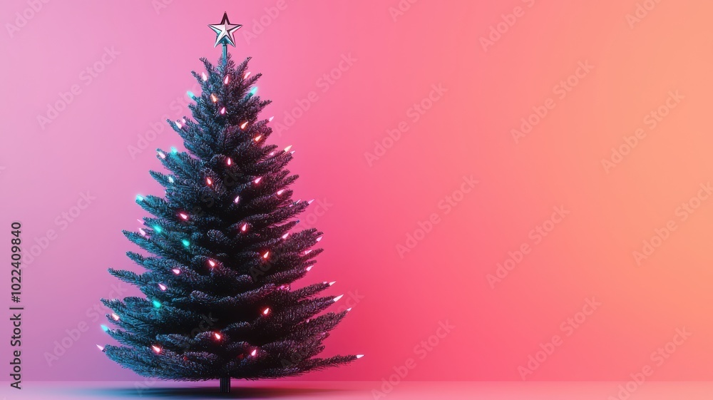 Festive Christmas tree adorned with lights against a colorful gradient background. Festive Christmas tree adorned with lights against a colorful gradient background.