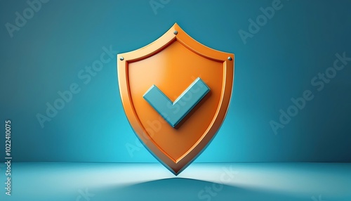 A shiny orange shield symbol with a checkmark, set against a blue background, representing security and verification concepts.