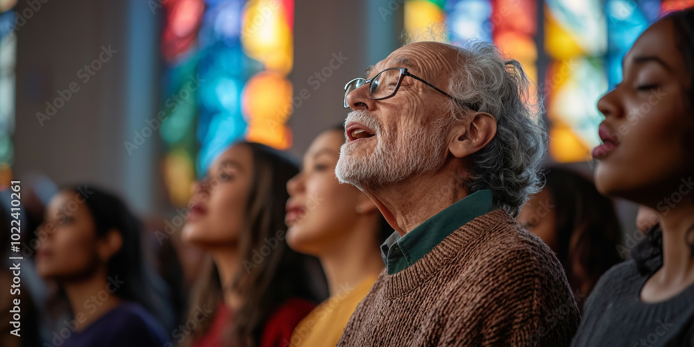 Happy middle-aged man and woman in a church, generative AI Happy middle-aged man and woman in a church, generative AI
