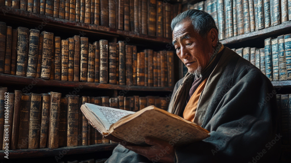 A Tibetan scholar reading an ancient manuscript in a monastery library, surrounded by shelves filled with sacred texts A Tibetan scholar reading an ancient manuscript in a monastery library, surrounded by shelves filled with sacred texts