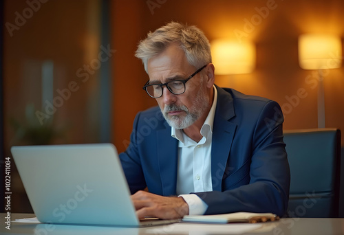 Focused businessman working on laptop in modern office setting