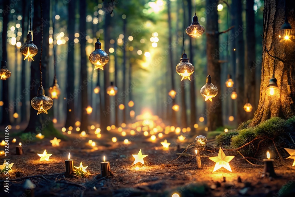 Enchanted Forest with Twinkling Light Bulbs in Tilt-Shift Style for Magical Atmosphere Enchanted Forest with Twinkling Light Bulbs in Tilt-Shift Style for Magical Atmosphere
