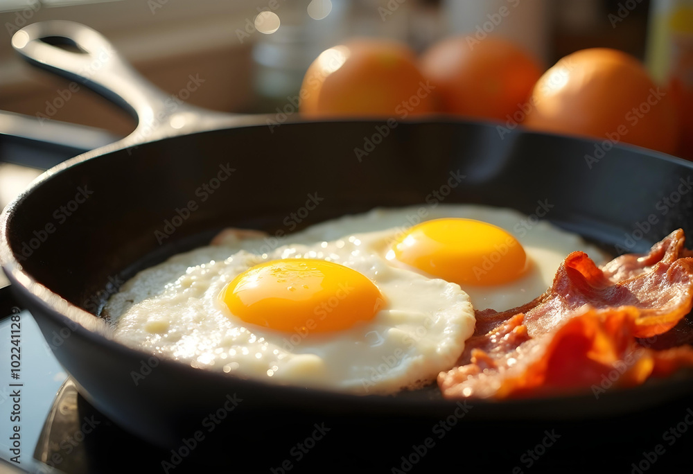 Fried eggs and crispy bacon sizzling in cast iron skillet, capturing warm and inviting breakfast scene. golden yolks and rich textures create deliciously appealing atmosphere Fried eggs and crispy bacon sizzling in cast iron skillet, capturing warm and inviting breakfast scene. golden yolks and rich textures create deliciously appealing atmosphere