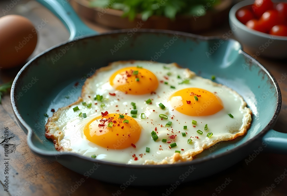 Fried eggs in blue skillet, garnished with herbs and spices, create delicious and inviting breakfast scene. vibrant yolks and fresh ingredients enhance overall appeal Fried eggs in blue skillet, garnished with herbs and spices, create delicious and inviting breakfast scene. vibrant yolks and fresh ingredients enhance overall appeal