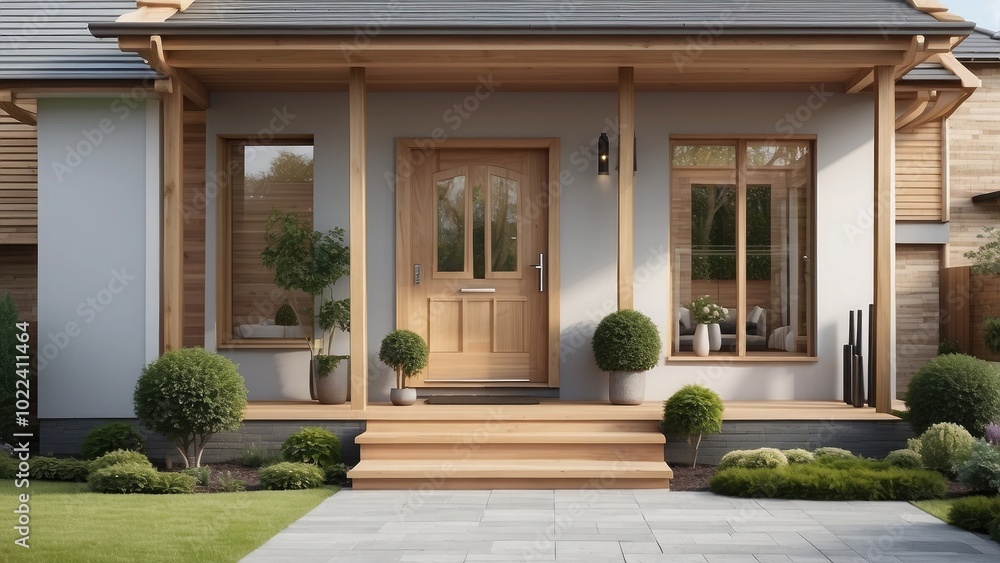 Obraz premium House entrance design with a wooden front door, highlighted by a gabled porch and a small landing space.-