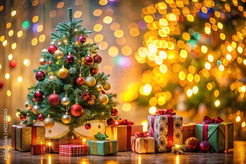 Enchanting Christmas Tree with Gifts and Bokeh Lights for Festive Cheer