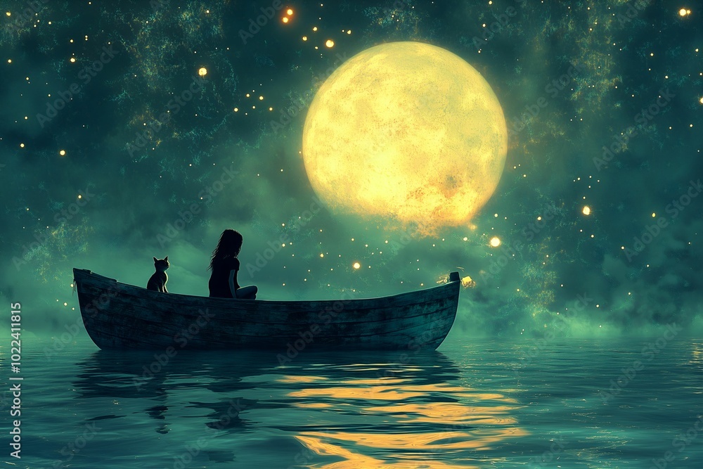 A little girl and a small cat exploring the starry night sea with a glowing boat on a shimmering, glowing ocean with moonlight shines brightly. A little girl and a small cat exploring the starry night sea with a glowing boat on a shimmering, glowing ocean with moonlight shines brightly.