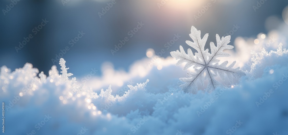 Snowflake on natural snow backdrop close up in morning light bokeh background. Snowflake on natural snow backdrop close up in morning light bokeh background.