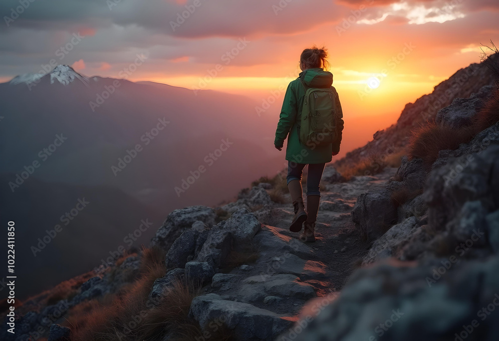 Fototapeta premium person walks along rocky path during sunset, surrounded by mountains and beautiful sky. warm colors of sunset create serene atmosphere, perfect for nature lovers