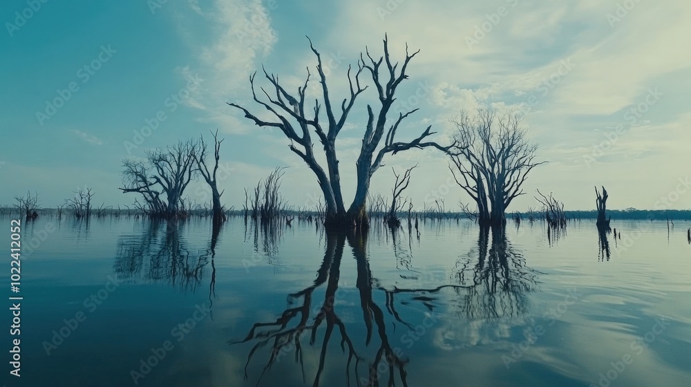 Eerie silhouettes of bare trees reflect in calm water, creating a hauntingly beautiful landscape under a serene sky. Eerie silhouettes of bare trees reflect in calm water, creating a hauntingly beautiful landscape under a serene sky.