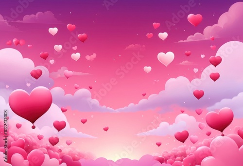 Romantic pink and red heart-shaped balloons floating on a colorful background photo