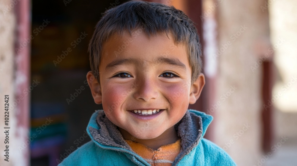 A smiling Ladakhi child, his face glowing with curiosity and joy, standing in the courtyard of a remote school A smiling Ladakhi child, his face glowing with curiosity and joy, standing in the courtyard of a remote school